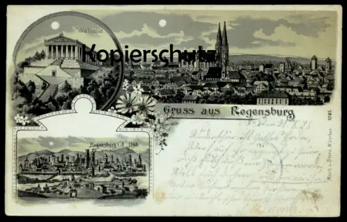 ALTE POSTKARTE GRUSS AUS REGENSBURG IM JAHRE 1493 PANORAMA MONDSCHEIN WALHALLA Ansichtskarte AK