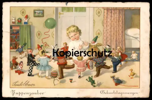 ALTE KÜNSTLER POSTKARTE PAULI EBNER PUPPENZAUBER GEBURTSTAGSMORGEN KASPERLE Puppe Doll Poupée