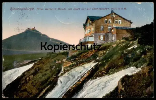 ALTE POSTKARTE RIESENGEBIRGE PRINZ-HEINRICH-BAUDE MIT BLICK AUF DIE SCHNEEKOPPE Krummhübel Karpacz Karkonosze Krkonose