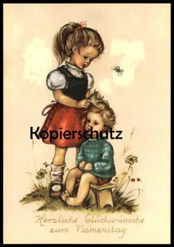 ALTE KÜNSTLER POSTKARTE HERZLICHE GLÜCKWÜNSCHE ZUM NAMENSTAG KINDER KIND MACHT HAARE child enfant hairdresser Friseur AK