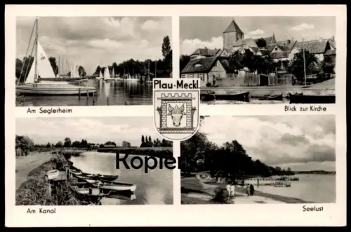 ÄLTERE POSTKARTE PLAU AM SEGLERHEIM BLICK ZUR KIRCHE AM KANAL SEELUST MECKLENBURG WAPPEN Ansichtskarte AK cpa postcard
