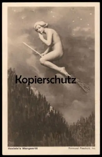 ALTE POSTKARTE HEXLEIN'S MORGENRITT HEXENBESEN HEXE BESEN RAIMUND PASCHOLD Märchen fairy tale nude witch sorcière cpa