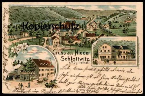 ALTE LITHO POSTKARTE GRUSS AUS NIEDER-SCHLOTTWITZ GASTHOF MÜGLITZTHAL Schlottwitz Glashütte Niederschlottwitz Müglitztal