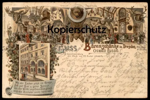 ALTE LITHO POSTKARTE GRUSS AUS DER BÄRENSCHÄNKE DRESDEN OSWALD RUSSIG GROSSE JAGDHALLE RESTAURANT Bär ours bear postcard