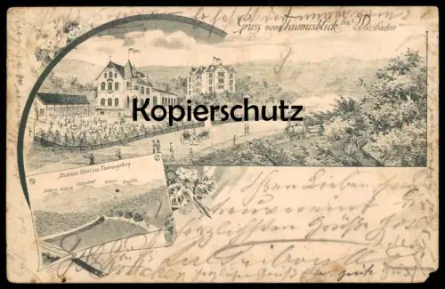 ALTE LITHO POSTKARTE GRUSS VOM TAUNUSBLICK BEI WIESBADEN 1897 DAMPFLOK ZUG train cpa postcard AK Ansichtskarte