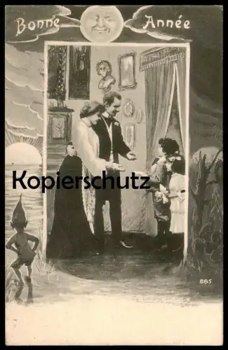 ALTE POSTKARTE BONNE ANNÉE Zwerg nain dwarf Paar couple Kinder enfants children Mond moon cpa postcard AK Ansichtskarte