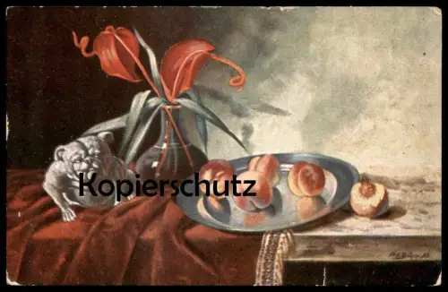 ALTE KÜNSTLER POSTKARTE STILLLEBEN MOPS PFIRSICH BLUME Hund dog chien peach peche Ansichtskarte AK cpa postcard