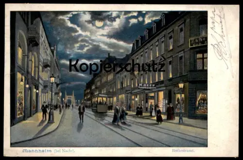 ALTE POSTKARTE MANNHEIM BEI NACHT BREITESTRASSE MONDSCHEINKARTE Knight nuit Strassenbahn tramway Ansichtskarte postcard