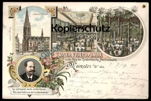 ALTE LITHO POSTKARTE GRUSS AUS DER KAISER FRIEDRICH HALLE NÄHE DER LAMBERTIKIRCHE ALTERFISCHMARKT MÜNSTER I.W. Billard