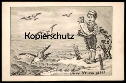 ALTE KÜNSTLER POSTKARTE KIND MEER MÖWEN OB ES STURM GIBT? MARIE GALLE child enfant storm Ansichtskarte postcard cpa AK