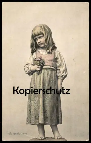 ALTE POSTKARTE ICH GRATULIERE MODERNE PLASTIK KIND BLUMEN MÄDCHEN girl child enfant cpa postcard Ansichtskarte AK