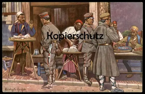 ALTE POSTKARTE STRASSENLEBEN IN UESKÜB SKOPJE MAZEDONIEN ARNOLD LÜSCHWITZ-KOREFFSKI Soldaten Macedonia cpa postcard