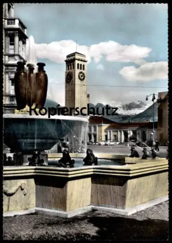 ÄLTERE POSTKARTE BOLZANO PIAZZALE STAZIONE BOZEN BAHNHOFPLATZ BRUNNEN FROSCH frog grenouille Italia Italien postcard cpa