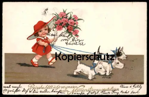 ALTE POSTKARTE MÄDCHEN MIT HUNDEN BEINAHE HÄTT ICH'S VERGESSEN NAMENSTAG HUND SPITZ dog chien pomeranian postcard cpa AK