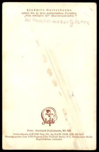 ALTE KARTE LJUDMILA GURTSCHENKO FILM-SCHAUSPIELERIN AMULETT RUSSLAND RUSSIA RUSSIAN ACTRESS DDR STARFOTO PHOTO COCKTAIL