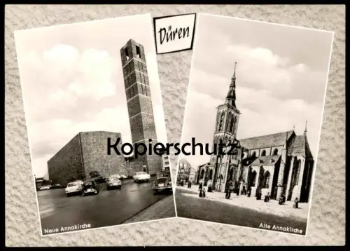 ÄLTERE POSTKARTE DÜREN ALTE ANNAKIRCHE & NEUE ANNAKIRCHE AUTOS AUTO VW KÄFER Ansichtskarte AK postcard cpa