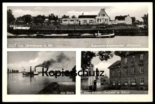 ALTE POSTKARTE GRUSS AUS GERNSHEIM RESTAURANT RHEINTERRASSE RHEINGOLD AM RHEIN DAMPFER PETER-SCHÖLLER-DENKMAL MIT SCHULE