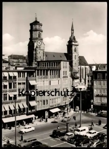 ÄLTERE POSTKARTE STUTTGART MARKTPLATZ MIT STIFTSKIRCHE VW BUS MIT AUFDRUCK EBERSPÄCHER & STIERLE TUCHHANDLUNG KÄFER Auto