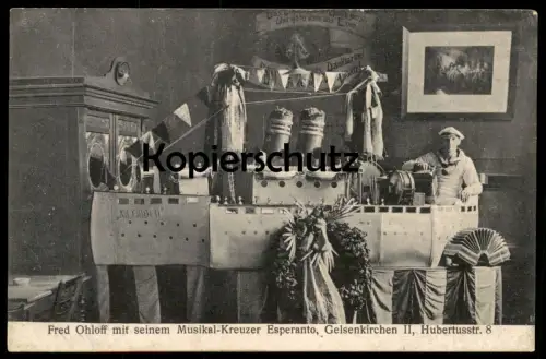 ALTE POSTKARTE GELSENKIRCHEN SCHIFF KREUZER ESPERANTO EMDEN HUBERTUSSTRASSE FRED OHLOFF HUMOR music steamer ship humour