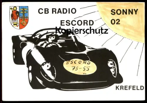 ÄLTERE QSL KARTE KREFELD CB RADIO ESCORD SONNY 2 Rennwagen McLaren ? Auto racing car Ford ? Wappen postcard cpa AK