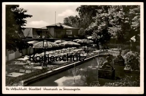 ALTE POSTKARTE DÜSSELDORF DIE WOLFSSCHLUCHT RESTAURANT WASSERSPIELE IM TERRASSENGARTEN GRAFENBERGER WALD AK cpa postcard