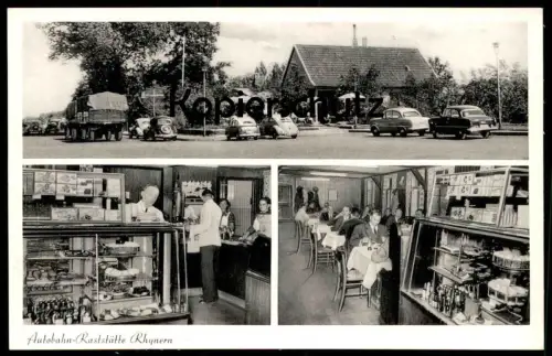 ÄLTERE POSTKARTE AUTOBAHN-RASTSTÄTTE RHYNERN-SÜD HAMM VW KÄFER KELLNER Autobahn Köln-Berlin motorway highway autoroute