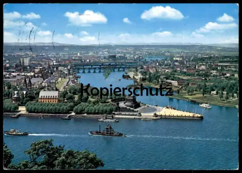 ÄLTERE POSTKARTE KOBLENZ PANORAMA DEUTSCHES ECK Rhein Arbeitsschiff Schiff ship AK Ansichtskarte cpa postcard