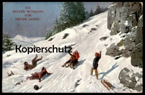 ALTE KÜNSTLER POSTKARTE NEUJAHR WINTER SCHLITTEN KINDER new year nouvel an hiver sleigh sledge traineau luge postcard