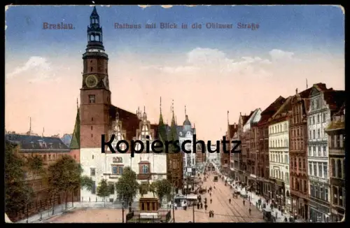 ALTE POSTKARTE BRESLAU RATHAUS BLICK IN DIE OHLAUER STRASSE Wroclaw Brassel AK Ansichtskarte postcard cpa