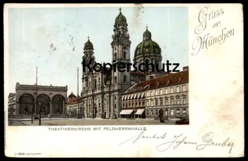 ALTE LITHO POSTKARTE GRUSS AUS MÜNCHEN 1899 THEATINERKIRCHE MIT FELDHERRNHALLE AK Ansichtskarte postcard cpa