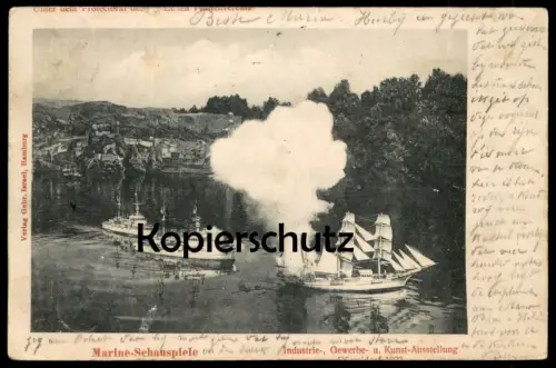 ALTE POSTKARTE DÜSSELDORF MARINE-SCHAUSPIEL 1902 MODELLSCHIFF Navy Dampfer Segelschiff clipper miniature model ship cpa