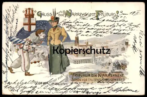 ALTE WINTER LITHO POSTKARTE GRUSS AUS DER NARRENSTADT FREIBURG FRIBURGIA CARNEVAL KARNEVAL carnival carnaval clown cpa