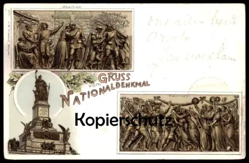 ALTE LITHO POSTKARTE GRUSS VOM NATIONALDENKMAL RÜDESHEIM ABSCHIED HEIMKEHR STEMPEL 09.09.99 stamp Niederwalddenkmal