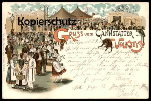 ALTE LITHO POSTKARTE VOLKSFEST BAD CANNSTATT 1898 Circus Zirkus cirque Kirmes kermesse ducasse fun fair Papagei ape