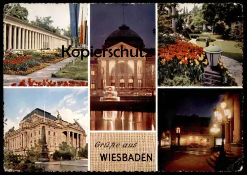 ÄLTERE POSTKARTE GRÜSSE AUS WIESBADEN BRUNNENKOLLONADE KURHAUS KURPARK THEATER ALTES RATHAUS DRUCKFEHLER cpa postcard