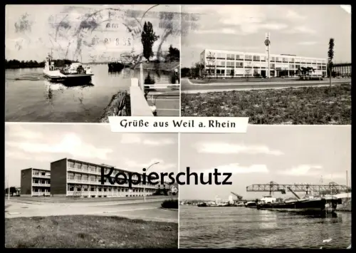 ÄLTERE POSTKARTE GRÜSSE AUS WEIL AM RHEIN Fähre Frachtschiff cargo ship ferry Kran crane grue postcard Ansichtskarte