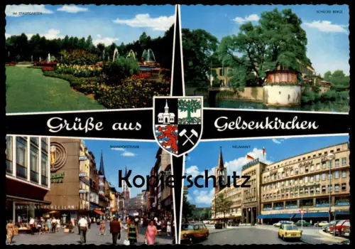 ÄLTERE POSTKARTE GRÜSSE AUS GELSENKIRCHEN WAPPEN NEUMARKT IM STADTGARTEN BAHNHOFSTRASSE SCHLOSS BERGE postcard