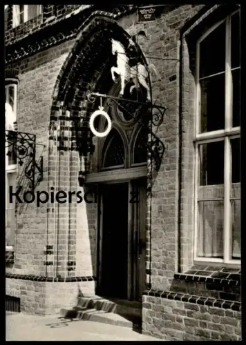 ÄLTERE POSTKARTE WISMAR HISTORISCHE GASTSTÄTTE ZUM ALTEN SCHWEDEN PORTAL Reklame Blechschild Pferd horse tin-plate sign