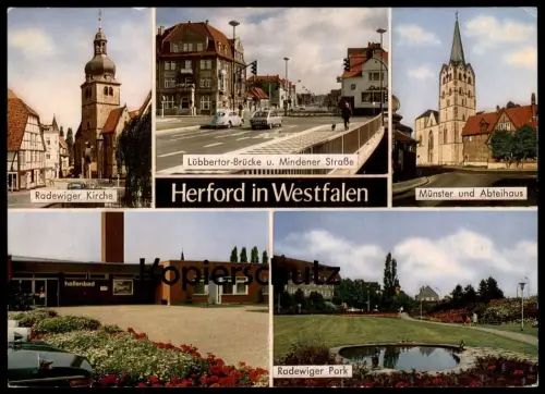 ÄLTERE POSTKARTE HERFORD IN WESTFALEN HALLENBAD RADEWIGER KIRCHE PARK LÜBBERTOR VW Volkswagen Käfer Kirche cpa postcard