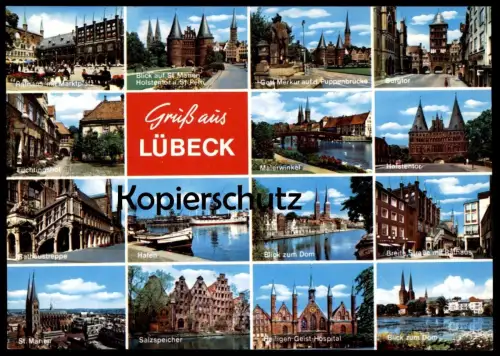 POSTKARTE GRUSS AUS LÜBECK SALZSPEICHER HOSPITAL GOTT MERKUR FÜCHTINGSHOF AK Ansichtskarte BREITE STRASSE cpa postcard