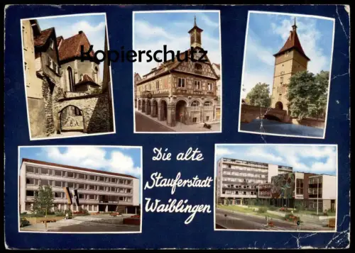 ÄLTERE POSTKARTE DIE ALTE STAUFERSTADT WAIBLINGEN STADTMAUER RATHAUS TOR Flagge VW Käfer Coccinelle Ansichtskarte AK cpa