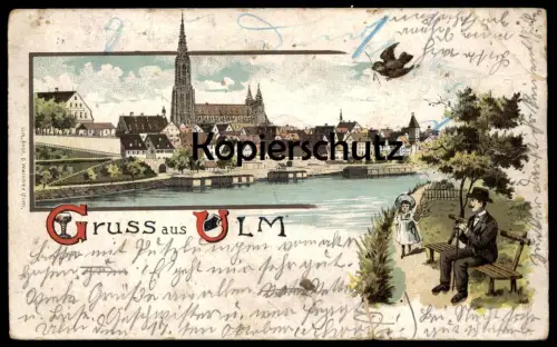 ALTE LITHO POSTKARTE GRUSS AUS ULM Vogel Kind Mann Hut Bowler hat Melone Chapeau melon bird child cpa postcard AK