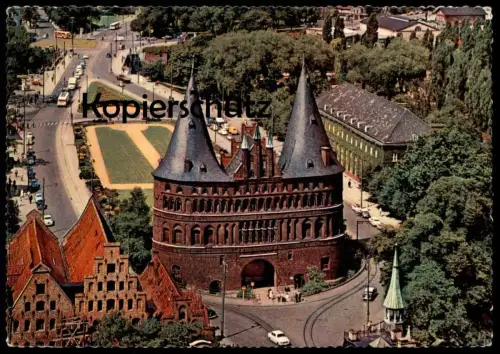 ÄLTERE POSTKARTE LÜBECK BLICK AUF HOLSTENTOR & SALZSPEICHER LUFTBILD TOR 1963 Gate Porte cpa postcard AK Ansichtskarte
