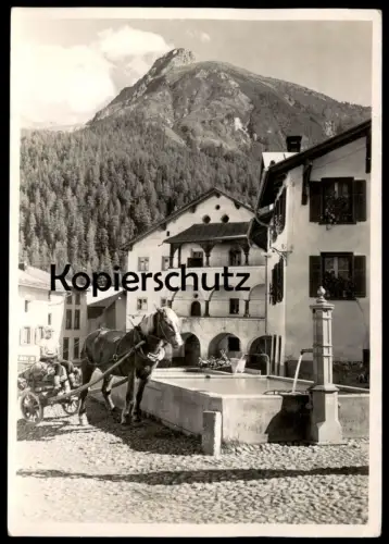 ALTE POSTKARTE PARTIE AUS SCHULS DORFPLATZ FONTAINE SCUOL PFERD BRUNNEN KARREN fountain horse cheval Graubünden postcard