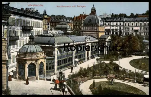 ALTE POSTKARTE WIESBADEN KOCHBRUNNEN MIT ANLAGEN 1911 F. WIRTH postcard cpa Ansichtskarte AK