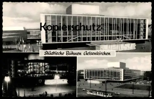 ÄLTERE POSTKARTE GELSENKIRCHEN STÄDTISCHE BÜHNEN Theater bei Nacht at night Theatre Strassenbahn Tram Tramway postcard
