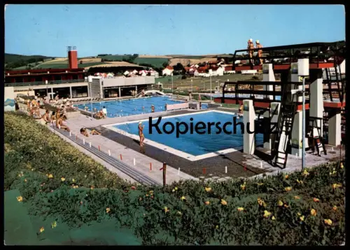 POSTKARTE PLEYSTEIN SCHWIMMBAD Freibad Sprungturm open air swimming pool piscine bassin bath diving platform plongeoir