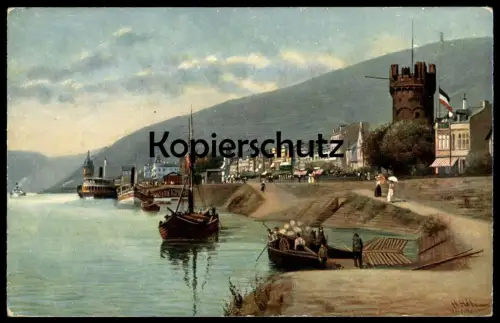 ALTE LITHO KÜNSTLER POSTKARTE RÜDESHEIM PANORAMA FRACHTSCHIFF SIGN. HEINRICH HOFFMANN MALER cpa postcard Ansichtskarte