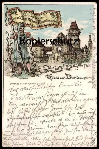 ALTE LITHO POSTKARTE GRUSS AUS DRESDEN 1896 SÄCHSISCHE HANDWERKS- & KUNSTGEWERBEAUSSTELLUNG EINGANG ZUR ALTEN STADT AK