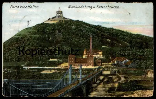 ALTE POSTKARTE PORTA WESTFALICA BEI MINDEN WITTEKINDSBURG UND KETTENBRÜCKE HOLZLAGER Holzstämme Holz wood bois postcard